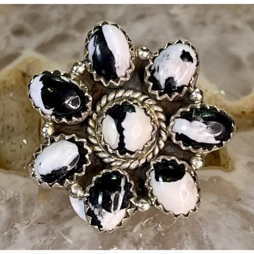 White Buffalo Turquoise Sterling Silver Cluster Ring Adjust Sz Southwestern 925